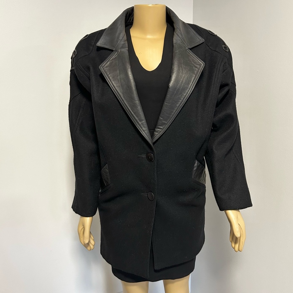 David Benjamin Collection Black Wool Leather Trim Soutache Shoulder‎ Coat Large